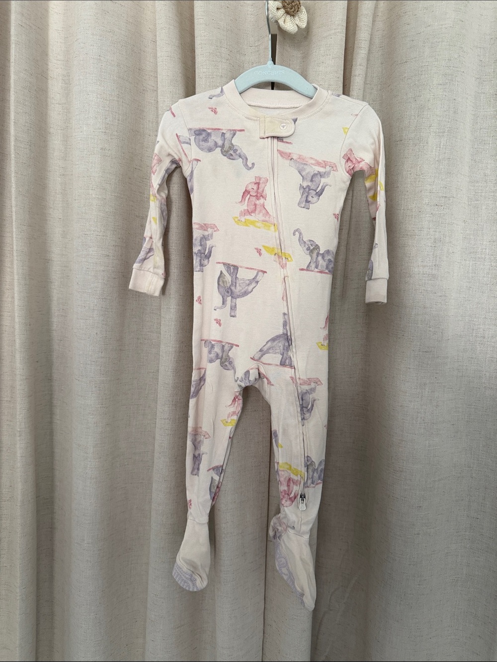 Burt's Bees Baby Pink Elephant Print Footed One-Piece Organic Cotton 12M